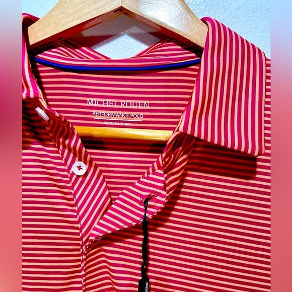 Michel Rouen performance polo shirt summer sports golf orange Stripes men M New - Picture 3 of 6